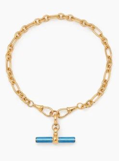 Aquamarine Enamelled Giant Gold T-bar on Watch Clipt Necklace