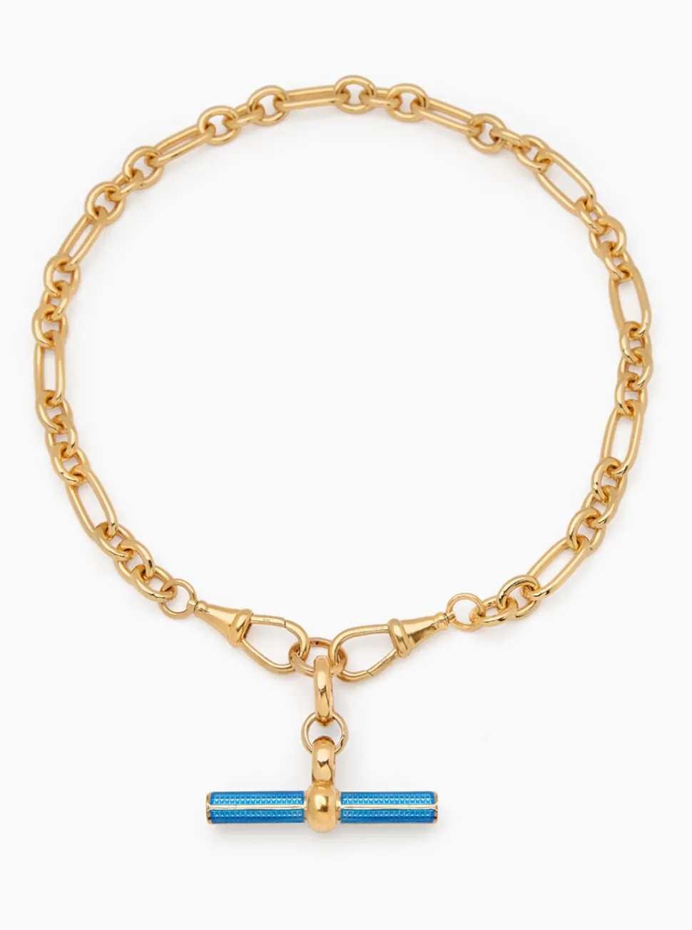Aquamarine Enamelled Giant Gold T-bar on Watch Clipt Necklace