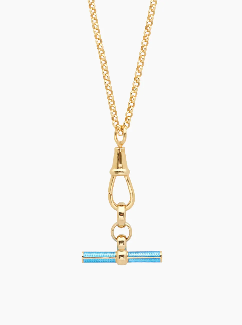Aquamarine Enamelled Gold T-bar on Belcher Clipt Necklace