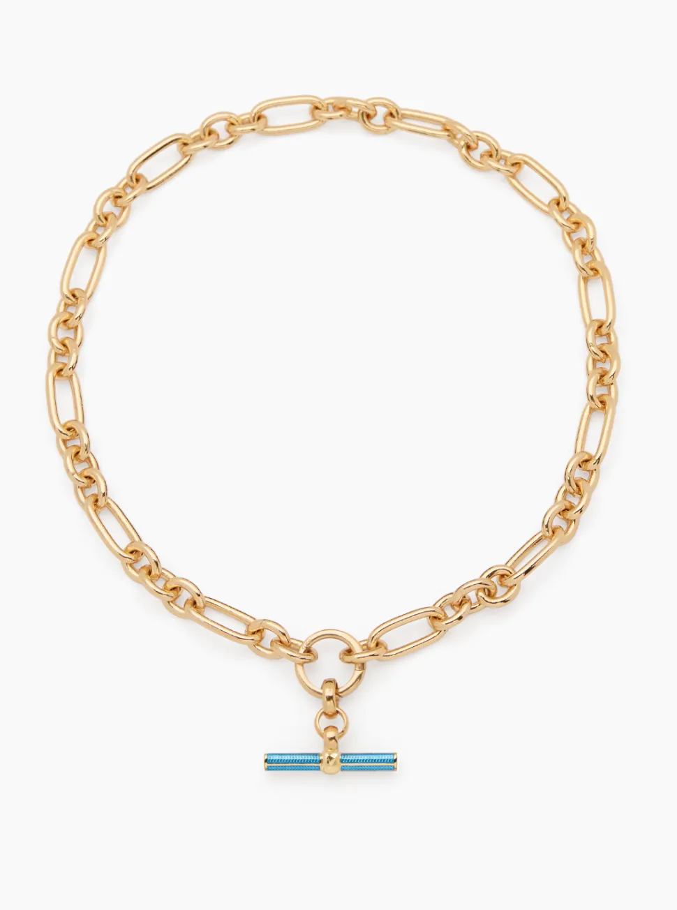 Aquamarine Enamelled Small Gold T-bar on Clipt Watch Chain Necklace