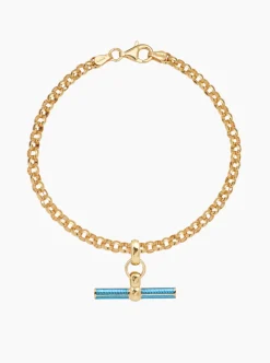 Aquamarine Enamelled Small Gold T-bar on Belcher Bracelet