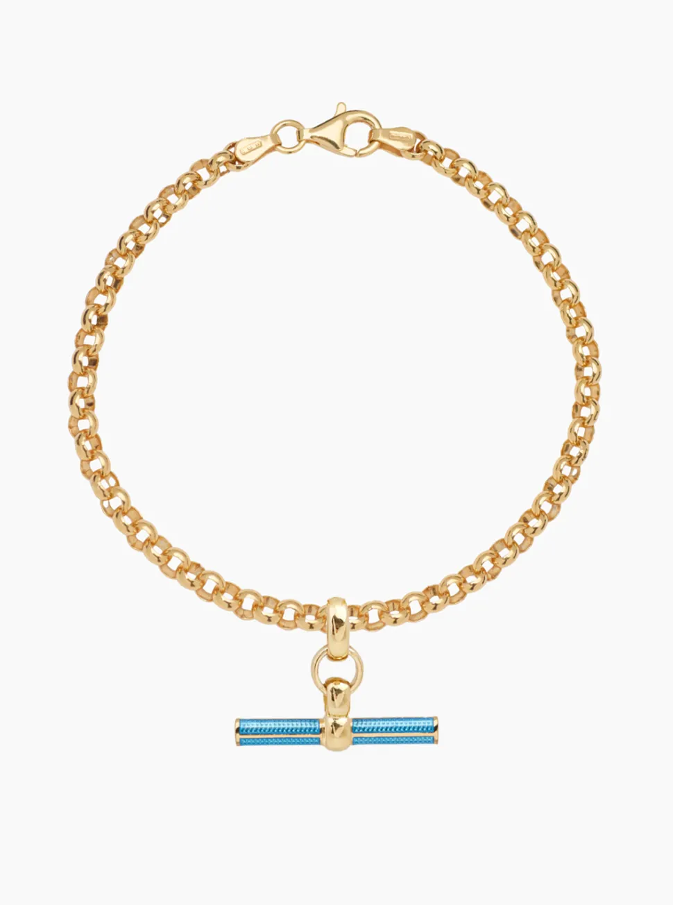 Aquamarine Enamelled Small Gold T-bar on Belcher Bracelet