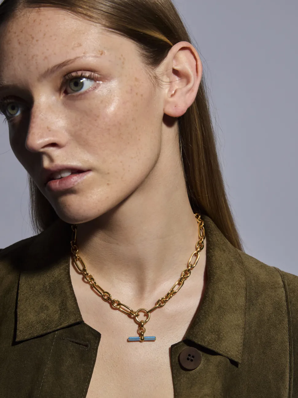Aquamarine Enamelled Small Gold T-bar on Clipt Watch Chain Necklace
