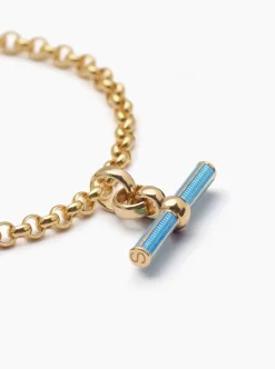 Aquamarine Enamelled Small Gold T-bar on Belcher Bracelet