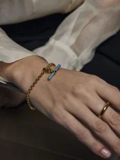 Aquamarine Enamelled Small Gold T-bar on Belcher Bracelet
