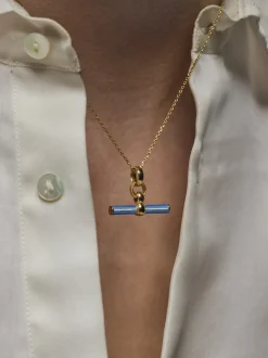 Aquamarine Enamelled Small Gold T-bar on Trace Chain
