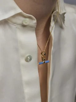 Aquamarine Enamelled Small Gold T-bar on Trace Chain