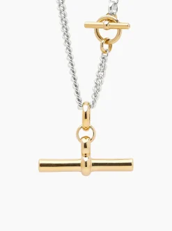 Giant Gold T-Bar On Gold T-Bar Clasp Silver Curb Chain