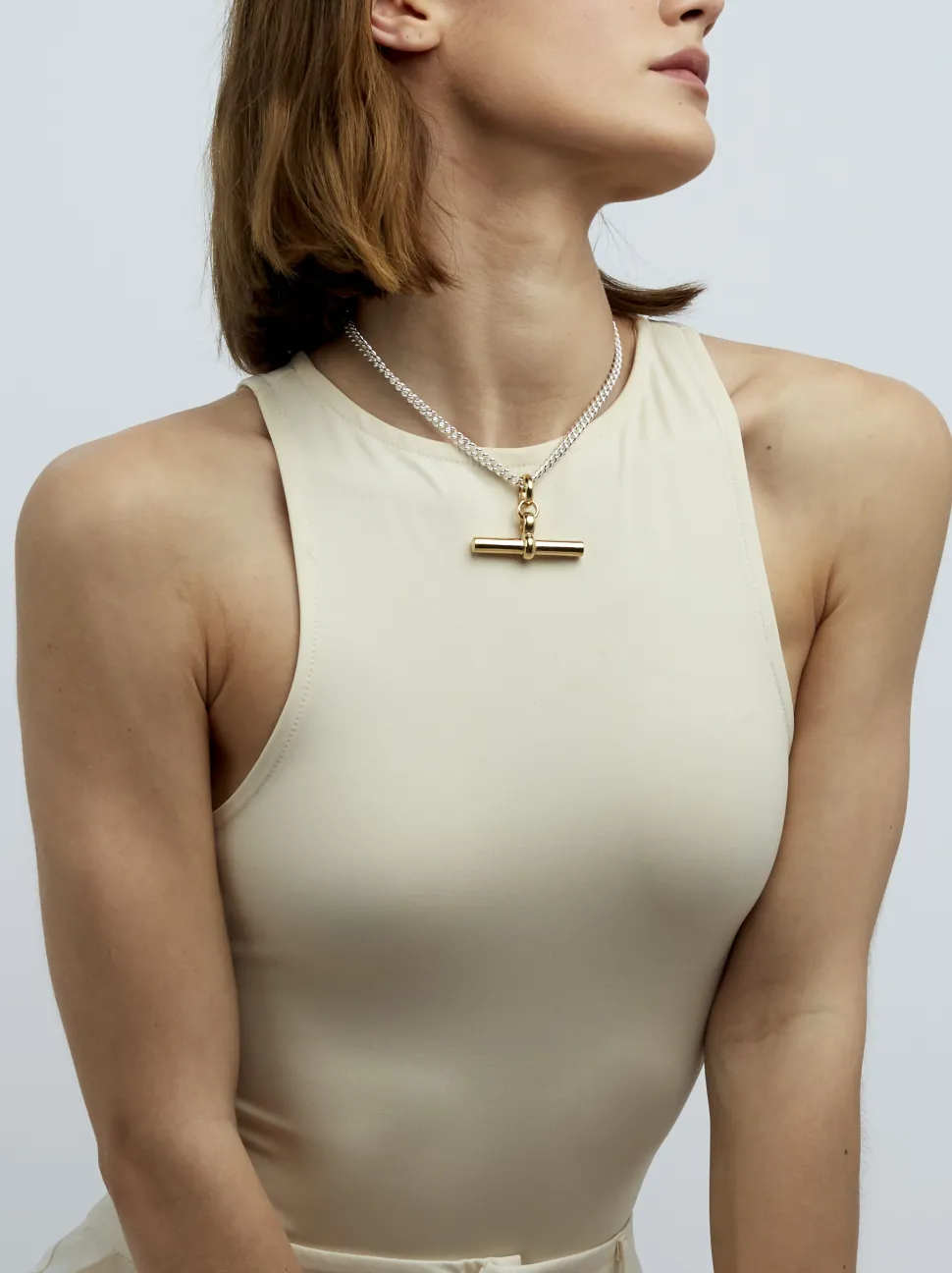 Giant Gold T-Bar on Silver Curb Chain