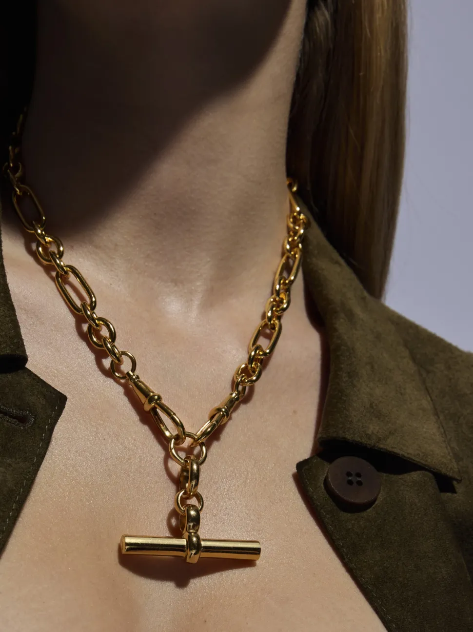 Giant Gold T-bar on Watch Clipt Necklace