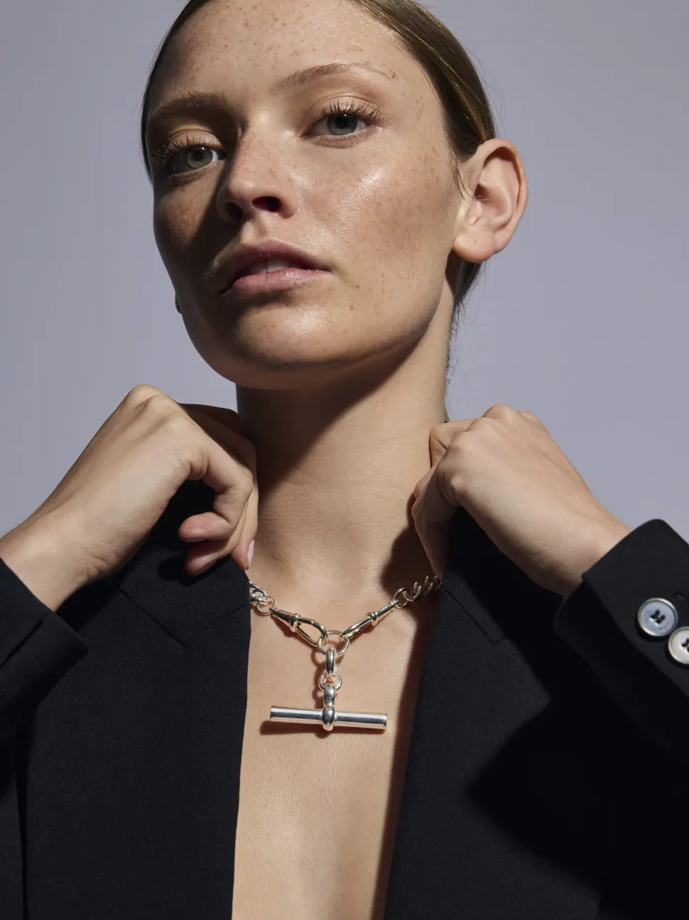 Giant Silver T-bar on Large Silver Curb Clipt Necklace
