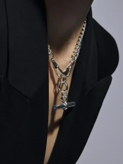 Giant Silver T-bar on Large Silver Curb Clipt Necklace