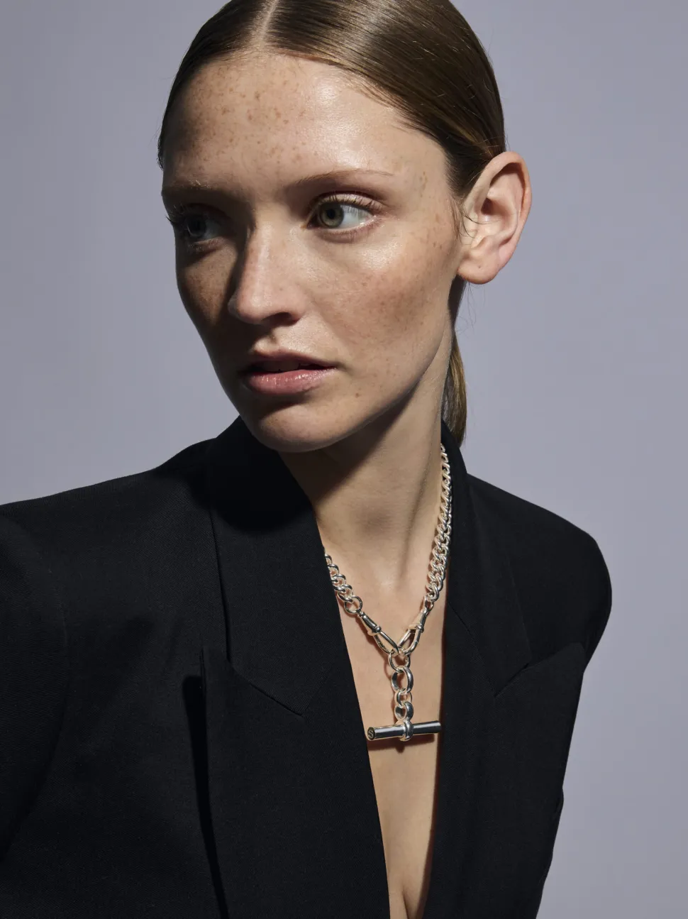 Giant Silver T-bar on Large Silver Curb Clipt Necklace