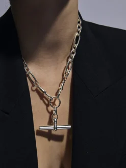 Giant Silver T-bar on Watch Clipt Necklace