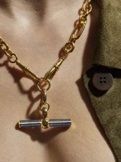 Grey Enamelled Giant Gold T-bar on Watch Clipt Necklace