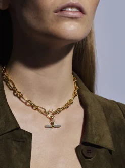 Grey Enamelled Small Gold T-bar on Clipt Watch Chain Necklace