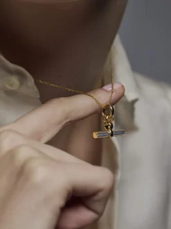 Grey Enamelled Small Gold T-bar on Trace Chain
