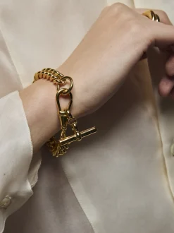 Large Gold Curb Clipt Bracelet with T-bar