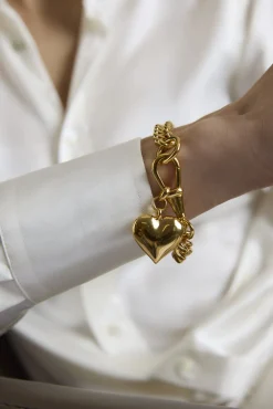 Large Gold Heart on Large Gold Curb Clip Bracelet