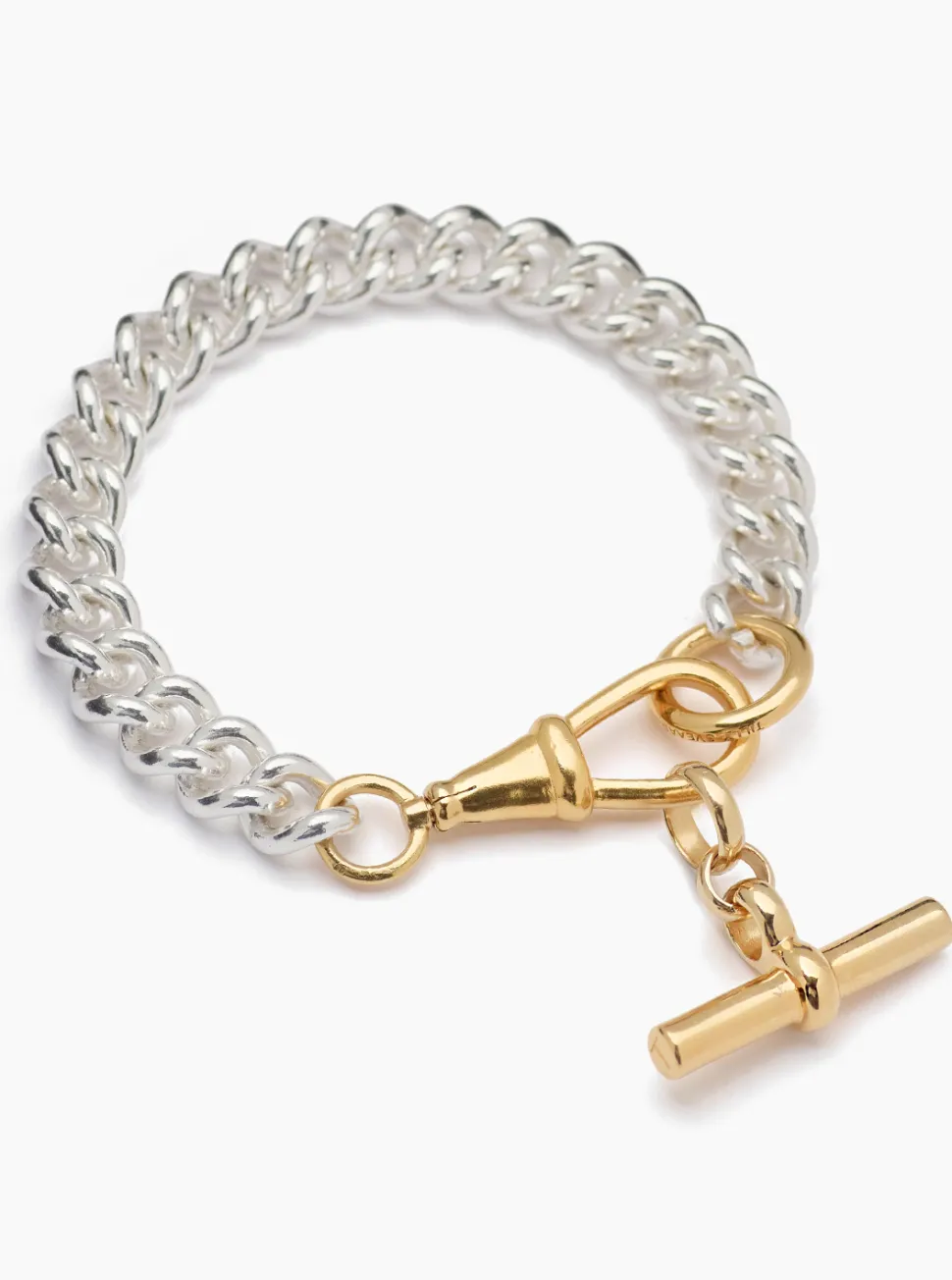 Large Silver and Gold Curb Clipt Bracelet with Gold T-bar