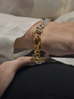 Large Silver and Gold Curb Clipt Bracelet with Gold T-bar