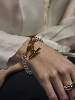 Large Silver and Gold Curb Clipt Bracelet with Gold T-bar