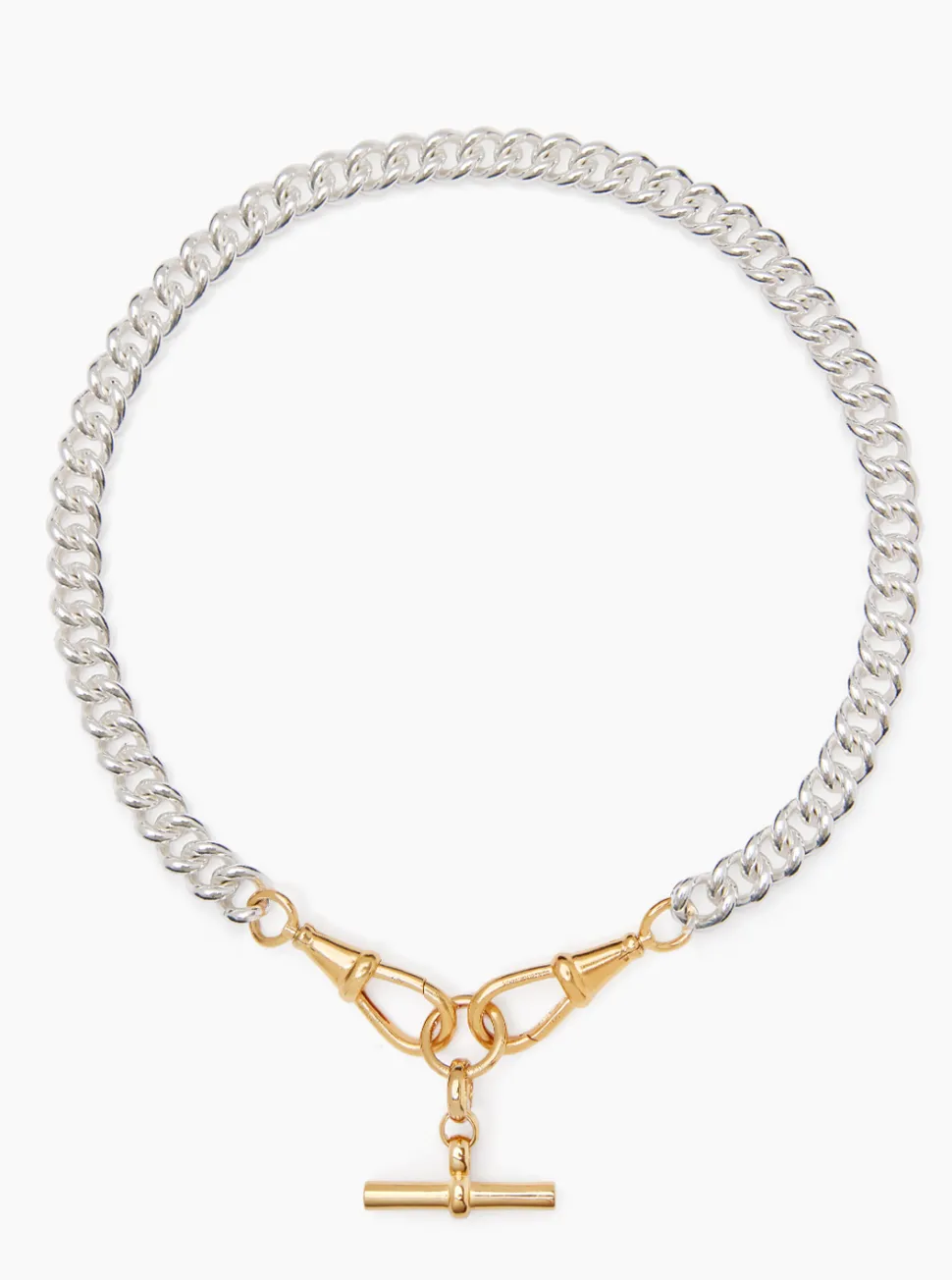 Medium Gold T-bar on Large Silver and Gold Curb Clipt Necklace