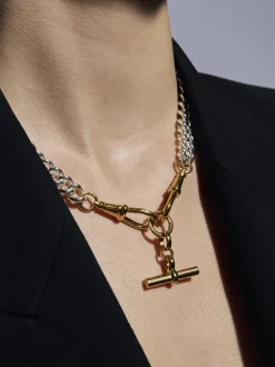 Medium Gold T-bar on Large Silver and Gold Curb Clipt Necklace