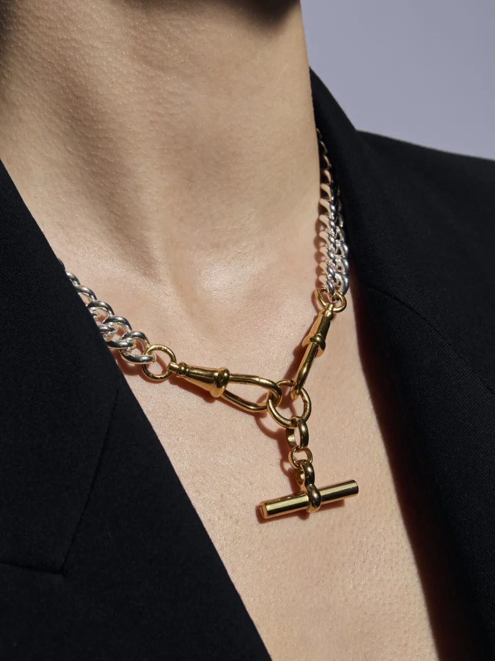 Medium Gold T-bar on Large Silver and Gold Curb Clipt Necklace