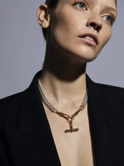 Medium Gold T-bar on Large Silver and Gold Curb Clipt Necklace