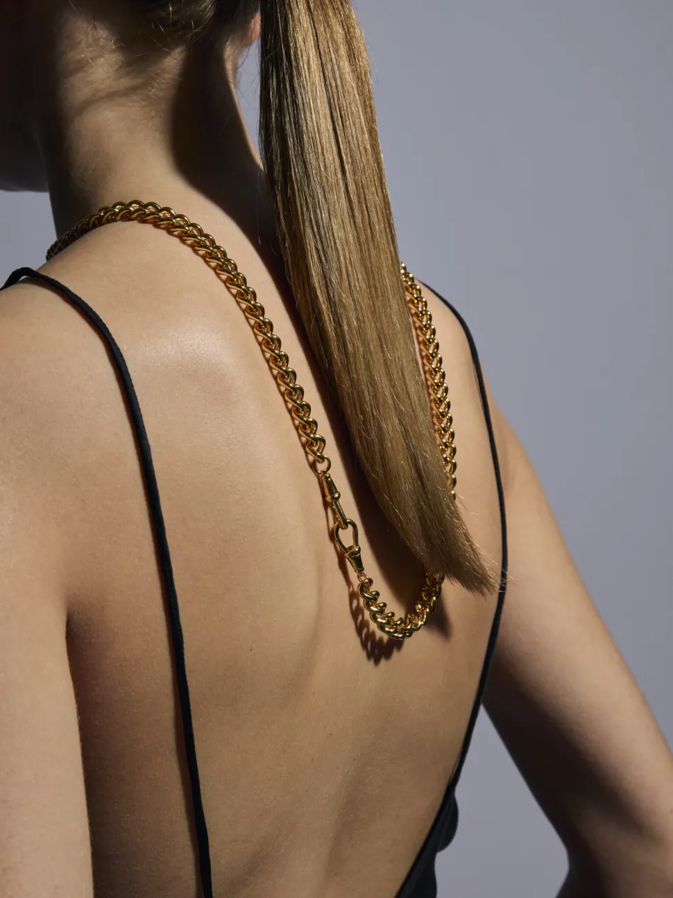 Medium Gold T-Bar on Long Large Gold Curb Clipt Necklace