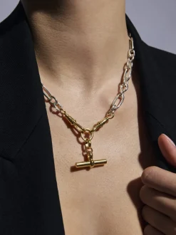 Medium Gold T-bar on Silver and Gold Clipt Watch Chain Necklace