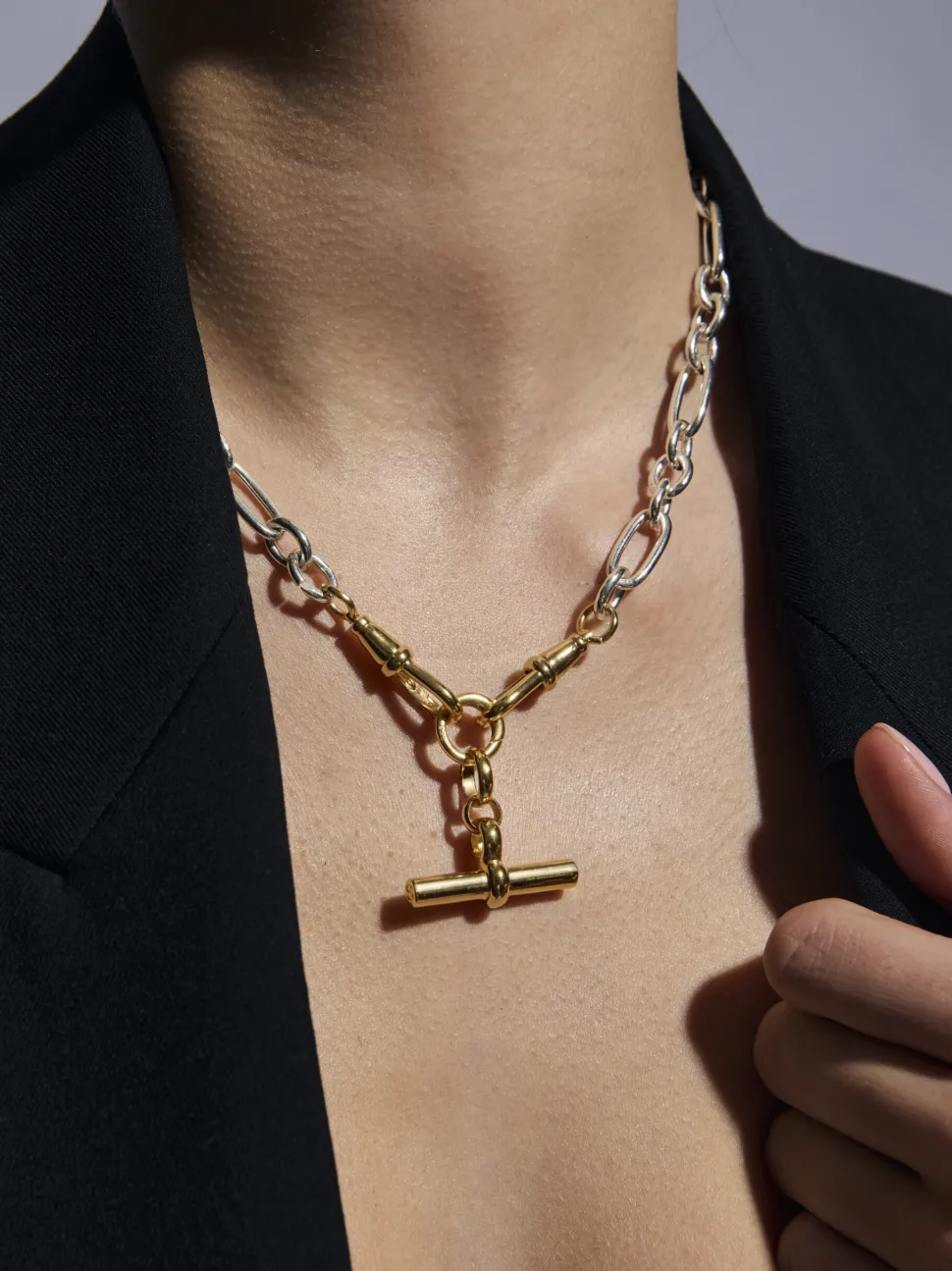 Medium Gold T-bar on Silver and Gold Clipt Watch Chain Necklace