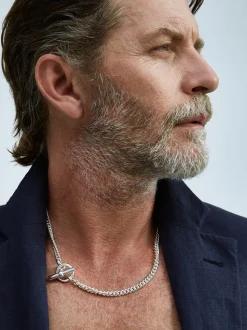 Men's Solid Sterling Silver T-Bar Clasp Curb Link Necklace
