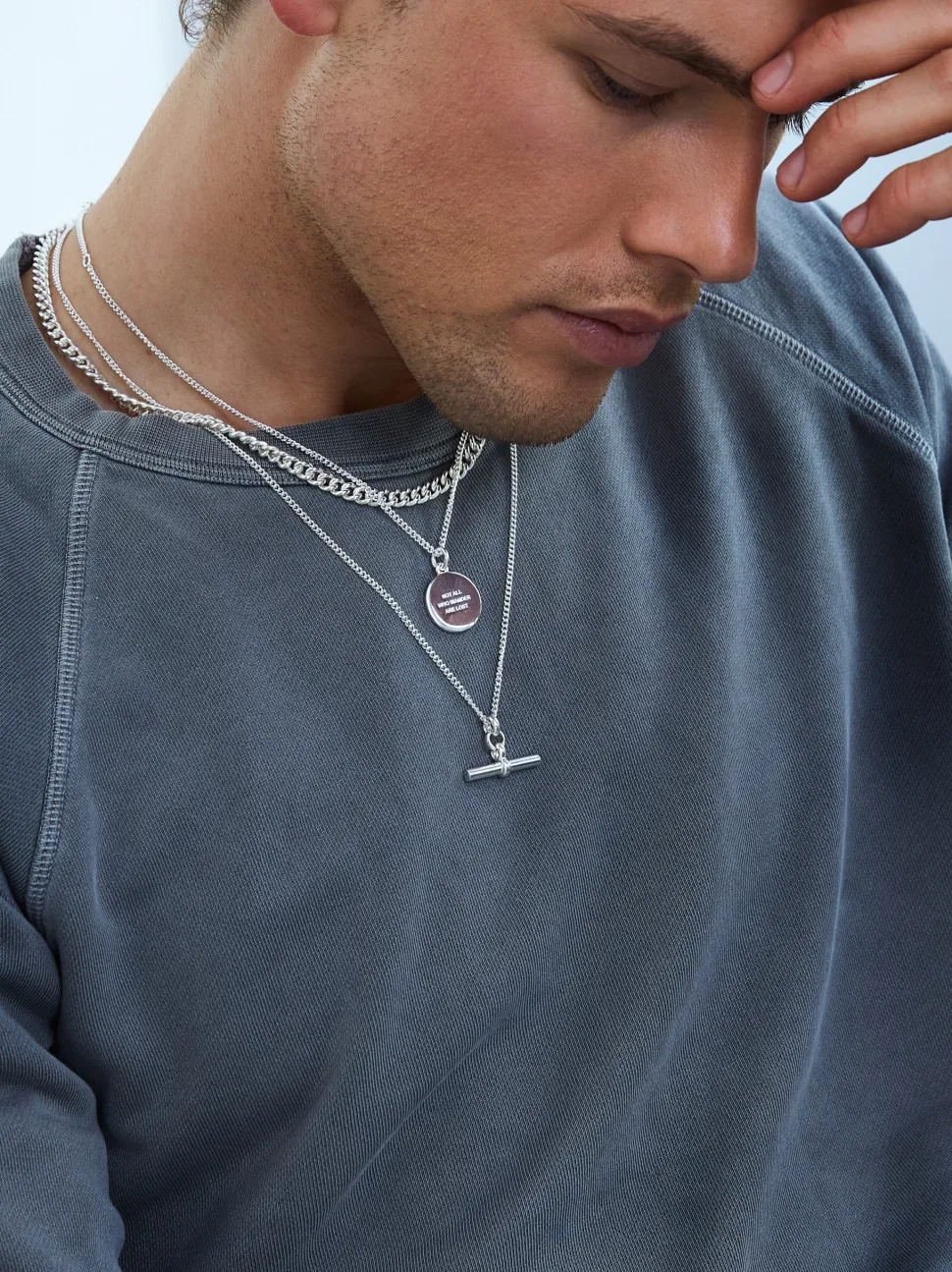 Men's Solid Sterling Silver T-Bar On Fine Curb Chain