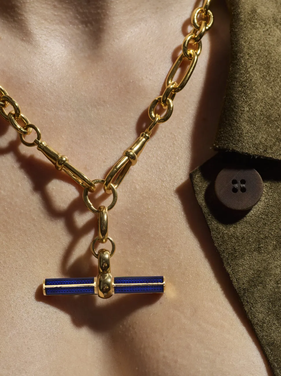 Navy Enamelled Giant Gold T-bar on Watch Clipt Necklace