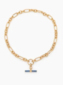 Navy Enamelled Small Gold T-bar on Clipt Watch Chain Necklace
