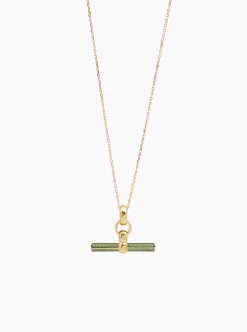 Olive Enamelled Small Gold T-bar on Trace Chain