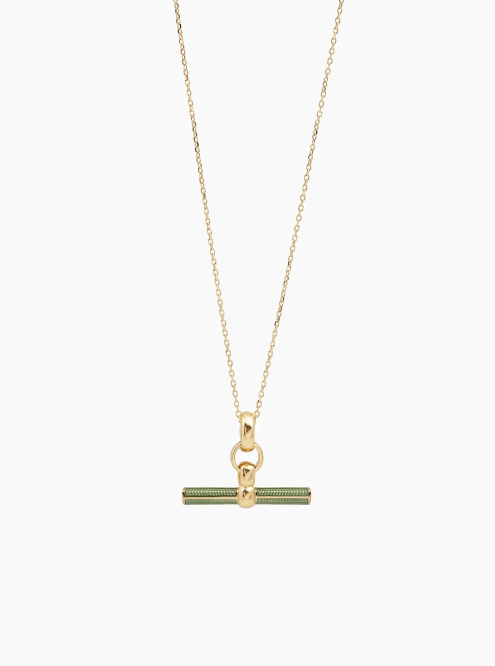 Olive Enamelled Small Gold T-bar on Trace Chain