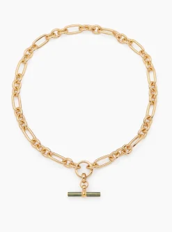 Olive Enamelled Small Gold T-Bar on Clipt Watch Chain Necklace
