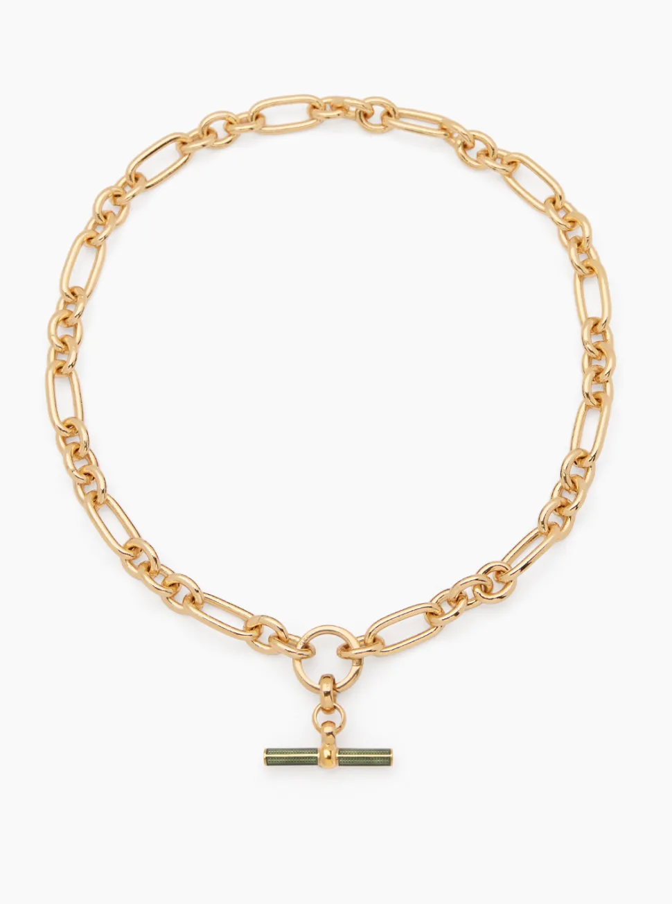 Olive Enamelled Small Gold T-Bar on Clipt Watch Chain Necklace