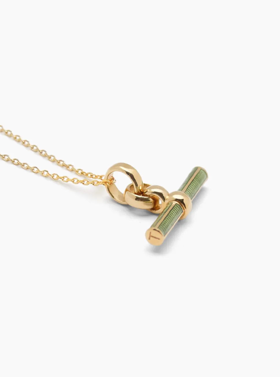 Olive Enamelled Small Gold T-bar on Trace Chain