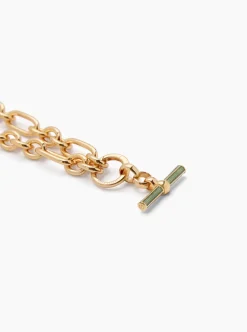 Olive Enamelled Small Gold T-Bar on Clipt Watch Chain Necklace