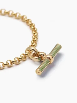 Olive Enamelled Small Gold T-bar on Belcher Bracelet
