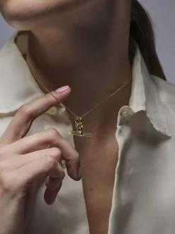 Olive Enamelled Small Gold T-bar on Trace Chain