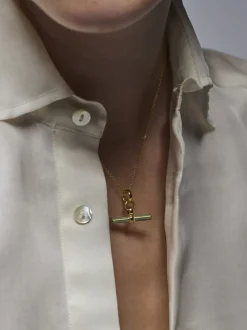 Olive Enamelled Small Gold T-bar on Trace Chain
