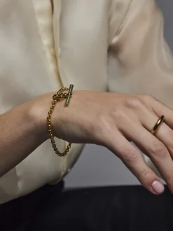 Olive Enamelled Small Gold T-bar on Belcher Bracelet