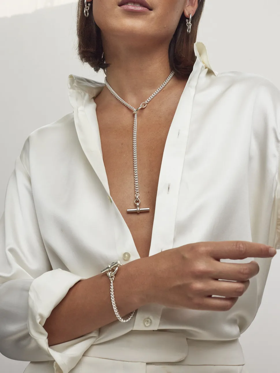 Silver Curb Chain Lariat Necklace