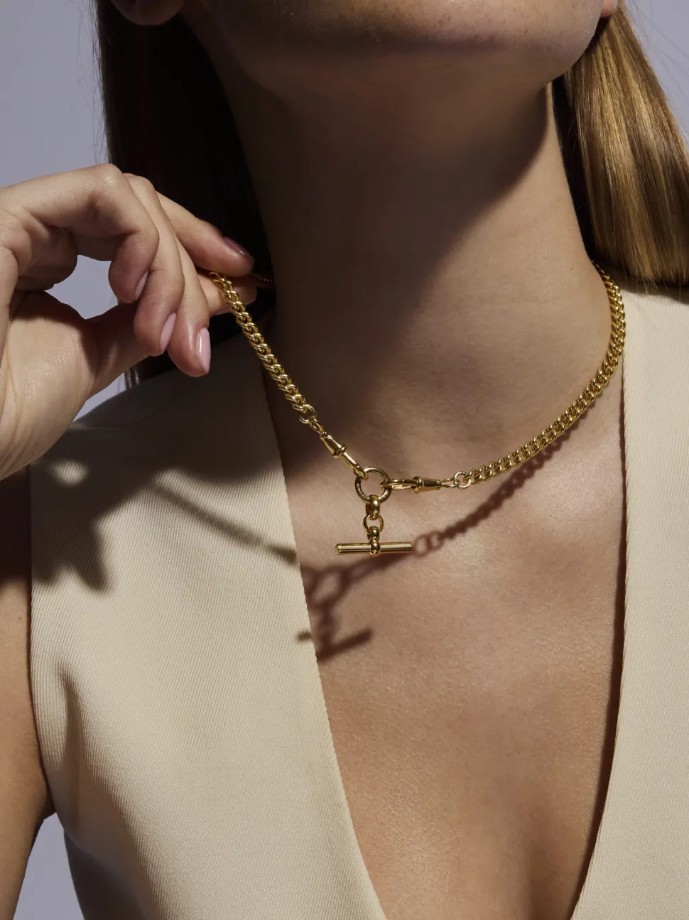 Small Gold T-bar on Slim Curb Clipt Necklace