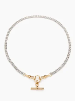 Small Gold T-bar on Slim Silver and Gold Curb Clipt Necklace